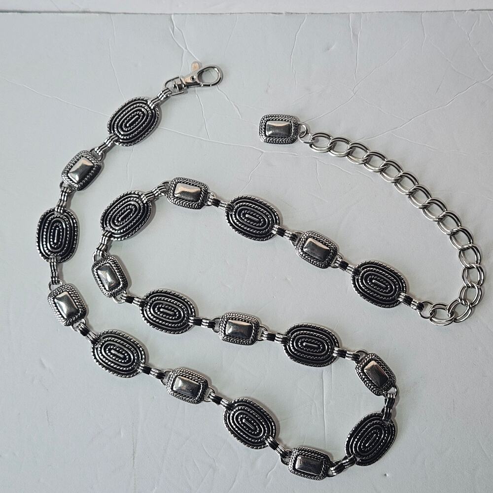 Vintage 90s Silver-Tone Textured Medallion Chain Belt. Adjustable Y2K Style.